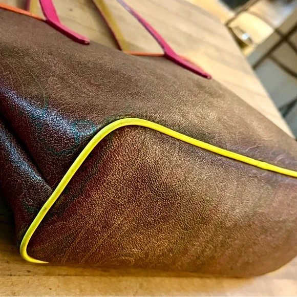 Etro Milano Brown Paisley Medium Shopper Tote Bag with Neon Trim & Straps - Picture 5 of 14